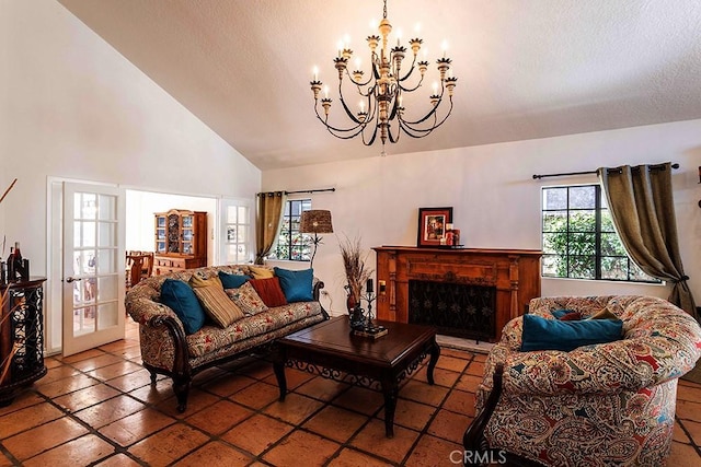 23461 Darcy Ln, Newhall, CA 91321 - living room with a chandelier, high vaulted ceiling, and a textured ceiling