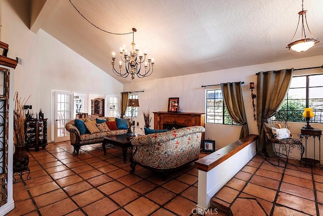 23461 Darcy Ln, Newhall, CA 91321 - living room featuring a chandelier, a textured ceiling, and high vaulted ceiling