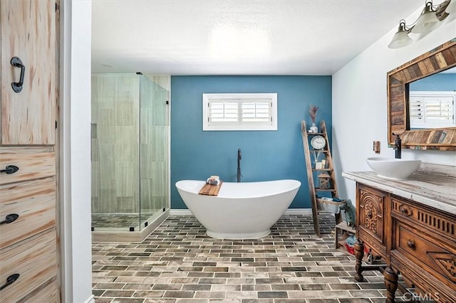 23461 Darcy Ln, Newhall, CA 91321 - full bath featuring a shower stall, vanity, a soaking tub, and brick patterned flooring