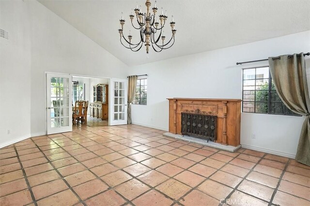 23461 Darcy Ln, Newhall, CA 91321 - unfurnished living room featuring a chandelier, high vaulted ceiling, healthy amount of natural light, light tile patterned flooring, and a fireplace with raised hearth