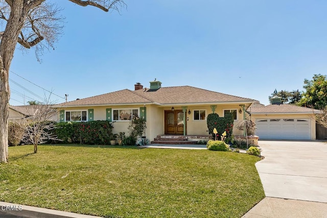 single story home with concrete driveway, a chimney, a front yard, and stucco siding