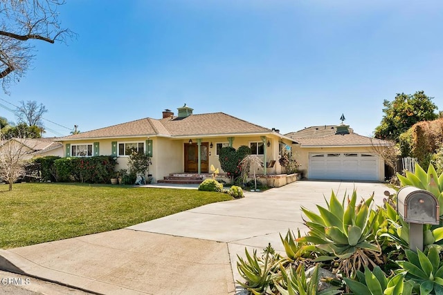 single story home with stucco siding, driveway, a chimney, and a front lawn