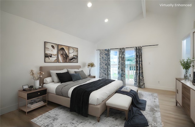 bedroom with baseboards, high vaulted ceiling, beam ceiling, light wood-style flooring, and access to exterior