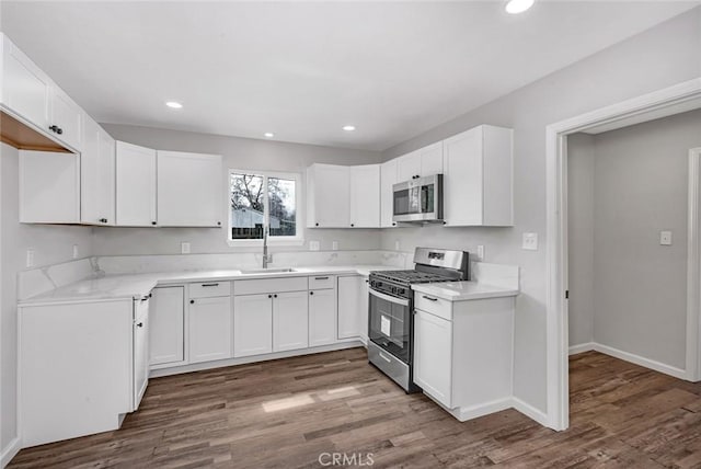 kitchen featuring a sink, stainless steel appliances, recessed lighting, and wood finished floors