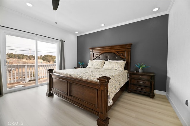 bedroom featuring ornamental molding, baseboards, light wood-style floors, and access to outside