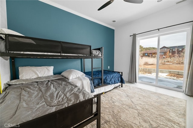 bedroom featuring access to exterior, visible vents, a ceiling fan, and ornamental molding