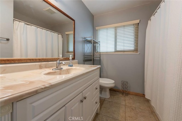 full bath featuring tile patterned flooring, visible vents, toilet, and vanity