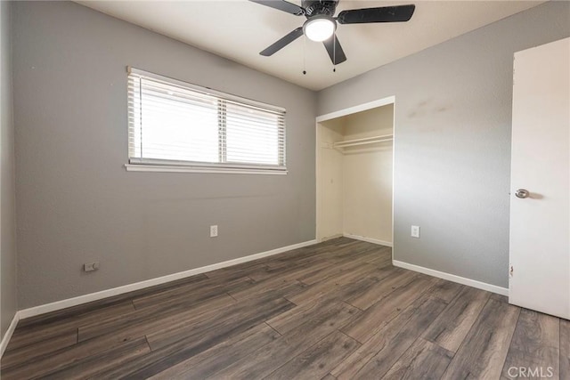 unfurnished bedroom featuring a closet, ceiling fan, baseboards, and wood finished floors