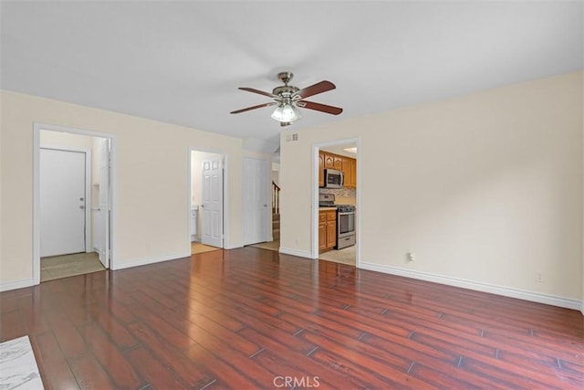 unfurnished living room featuring a ceiling fan, light wood-type flooring, and baseboards