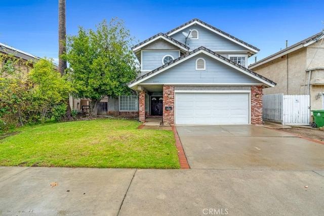 view of front of home featuring fence, concrete driveway, a front yard, a garage, and brick siding