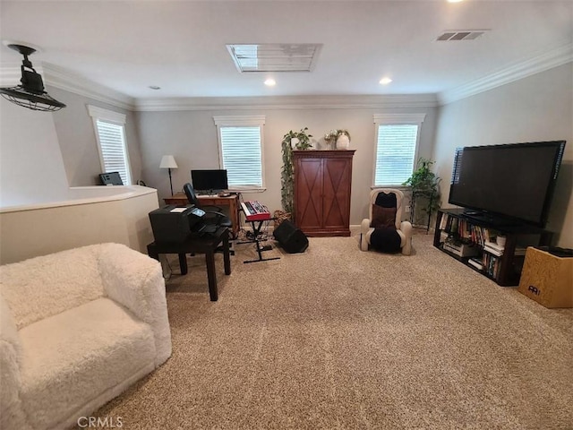 carpeted living area with recessed lighting, visible vents, and crown molding