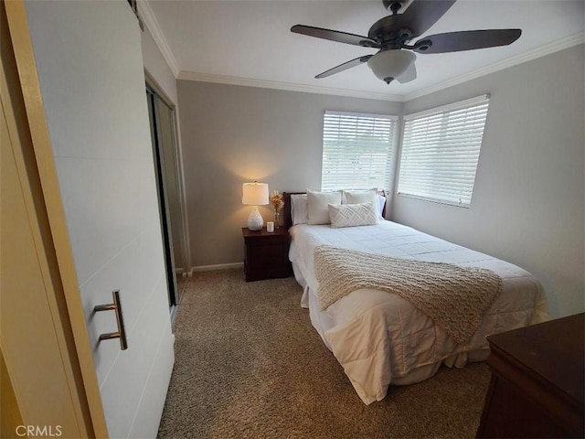 bedroom with carpet flooring, a ceiling fan, a closet, and crown molding