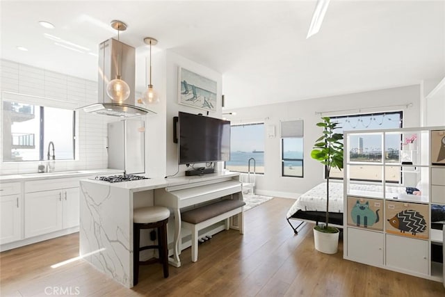 kitchen featuring backsplash, a kitchen island, island exhaust hood, light wood-style floors, and a sink