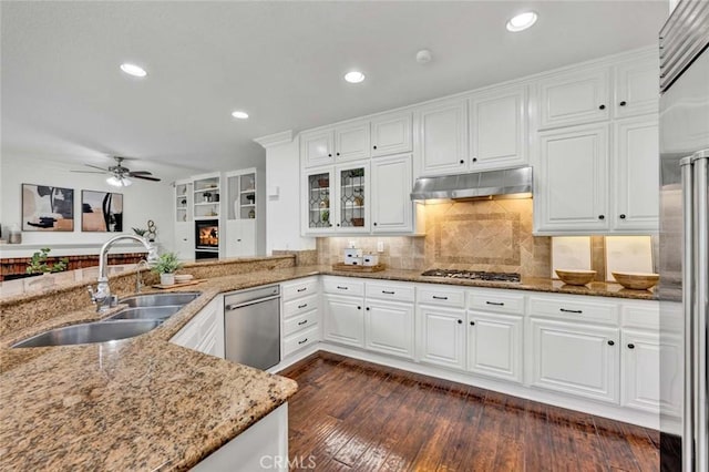 kitchen featuring under cabinet range hood, light stone counters, a sink, stainless steel appliances, and dark wood-style flooring