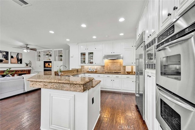 kitchen featuring under cabinet range hood, dark wood finished floors, stainless steel double oven, white cabinets, and a sink