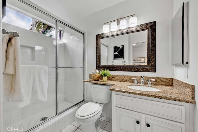 bathroom featuring tile patterned floors, a shower stall, toilet, and vanity