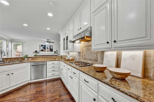 kitchen with dark wood-style floors, a sink, stainless steel appliances, white cabinets, and under cabinet range hood