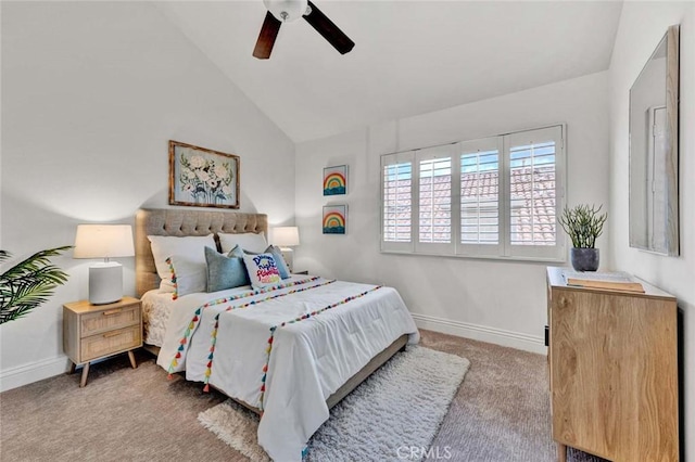 bedroom with vaulted ceiling, a ceiling fan, baseboards, and carpet floors