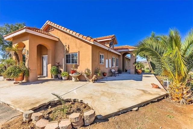 rear view of house featuring a patio, a tiled roof, and stucco siding