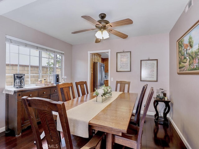 dining room with visible vents, baseboards, dark wood finished floors, and a ceiling fan