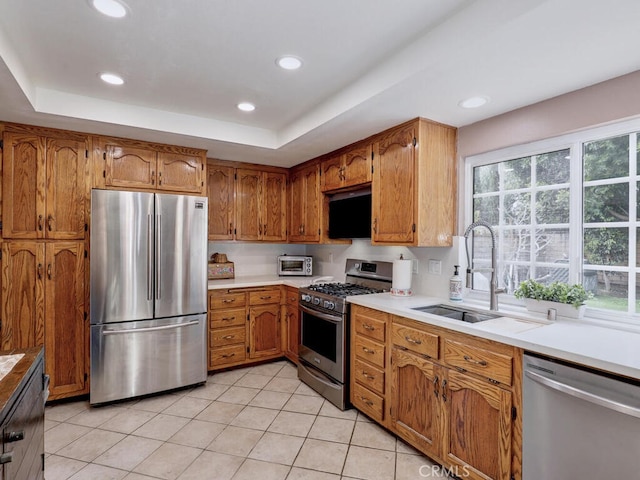 kitchen with a raised ceiling, a healthy amount of sunlight, brown cabinets, and stainless steel appliances