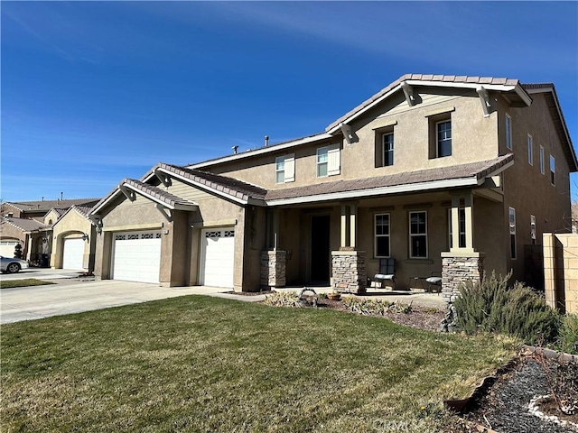 craftsman house with stucco siding, an attached garage, concrete driveway, and a front yard