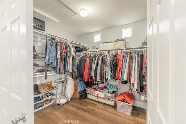 spacious closet featuring attic access and wood finished floors