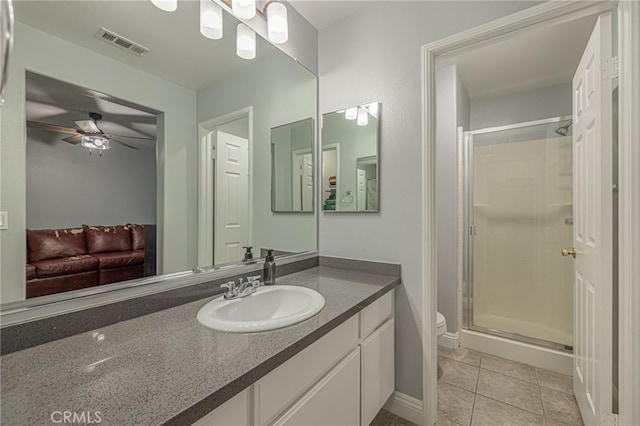 bathroom featuring tile patterned floors, visible vents, toilet, a stall shower, and a ceiling fan