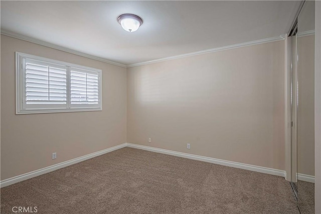 spare room with baseboards, ornamental molding, and carpet flooring