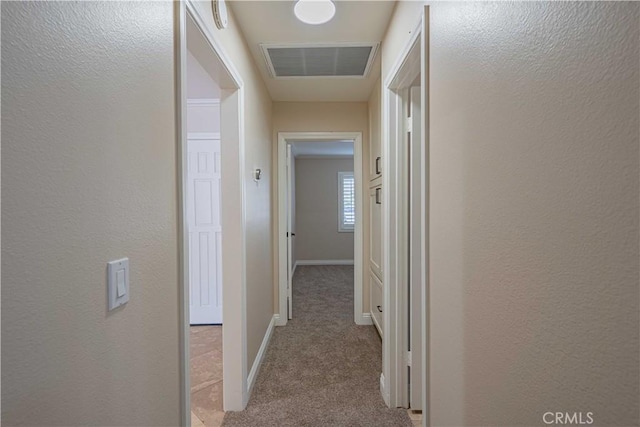 hallway featuring visible vents, baseboards, and carpet flooring