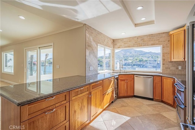 kitchen with dishwasher, dark stone countertops, a peninsula, plenty of natural light, and a sink