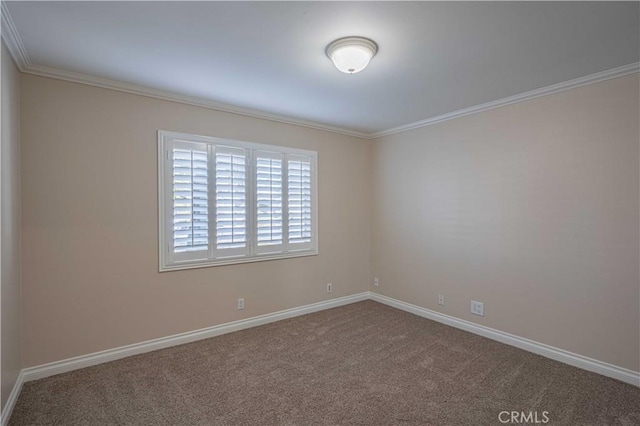 unfurnished room with crown molding, carpet, and baseboards