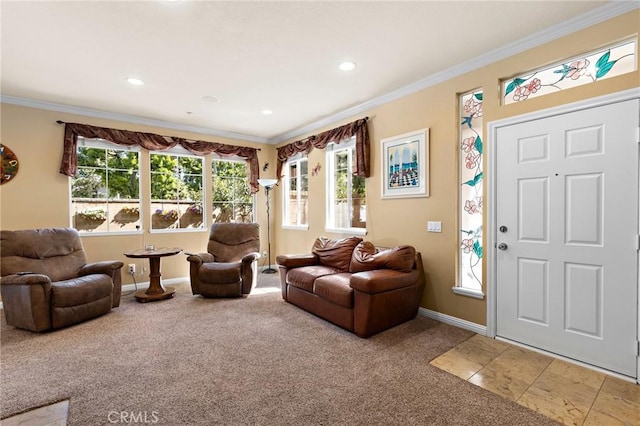 carpeted living room with recessed lighting, baseboards, crown molding, and tile patterned flooring