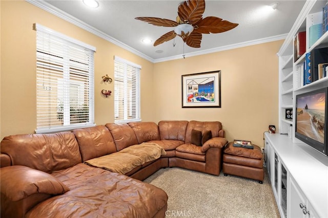 living room featuring recessed lighting, light carpet, ornamental molding, and a ceiling fan