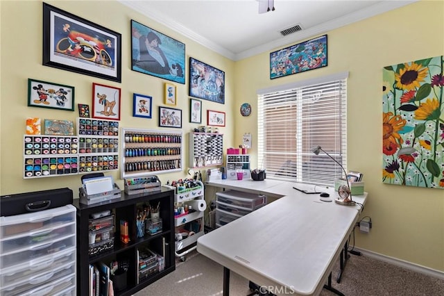 office area featuring visible vents, carpet flooring, crown molding, and baseboards