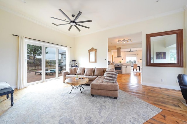 living area featuring crown molding, a ceiling fan, and wood finished floors