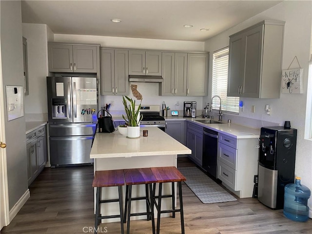 kitchen featuring under cabinet range hood, appliances with stainless steel finishes, gray cabinetry, and a sink