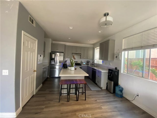 kitchen featuring a breakfast bar area, visible vents, gray cabinets, a sink, and appliances with stainless steel finishes