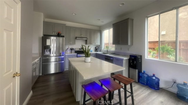 kitchen featuring under cabinet range hood, dark wood finished floors, light countertops, stainless steel appliances, and a sink