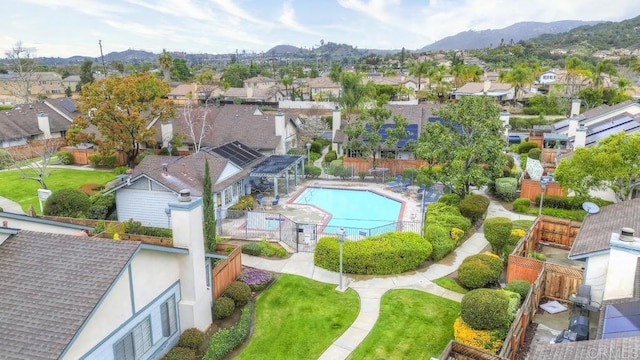 bird's eye view featuring a mountain view and a residential view