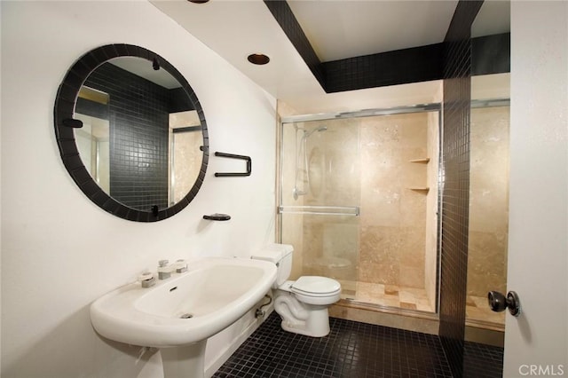 bathroom with tile patterned flooring, toilet, a stall shower, and a sink