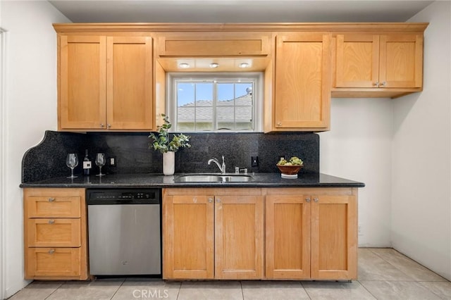 kitchen featuring dark stone countertops, light tile patterned floors, a sink, dishwasher, and backsplash