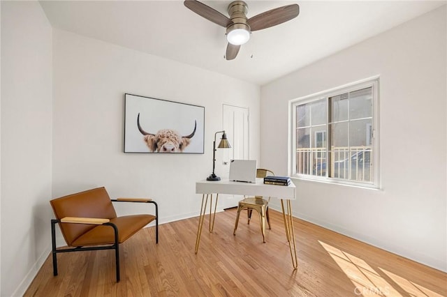 office space featuring ceiling fan, baseboards, and wood finished floors