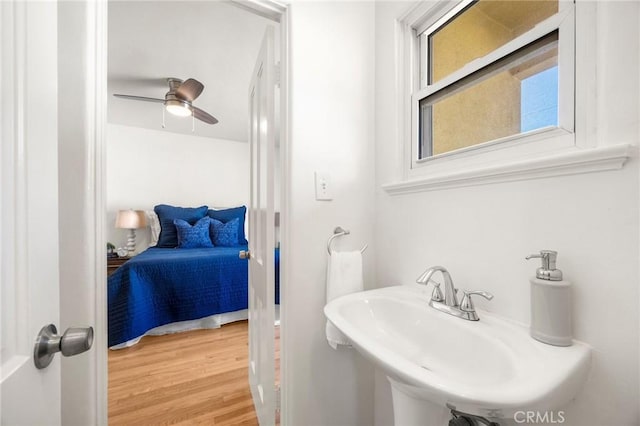 bathroom featuring ceiling fan, wood finished floors, and a sink