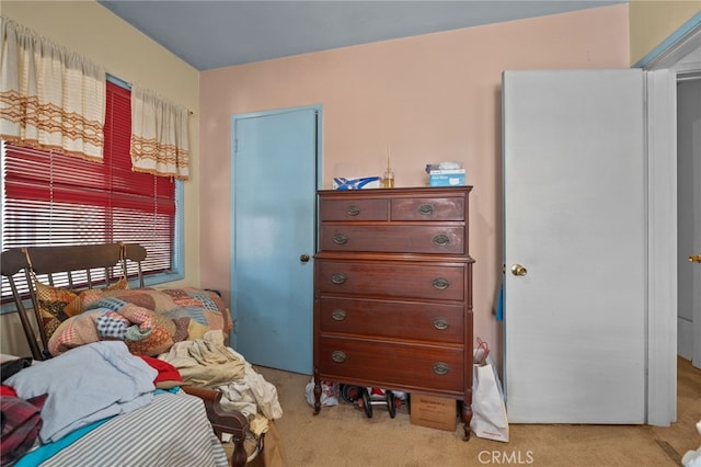 bedroom with light carpet