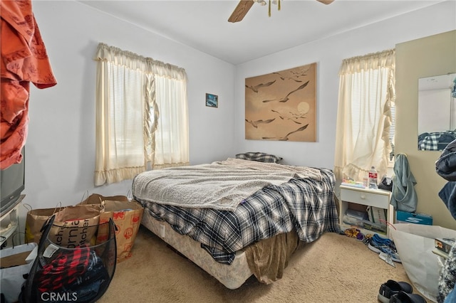 bedroom with ceiling fan and carpet floors