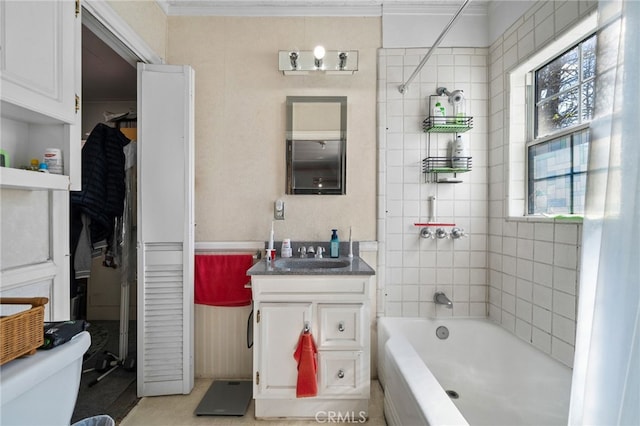 full bath with vanity, toilet, shower / bathtub combination, and crown molding