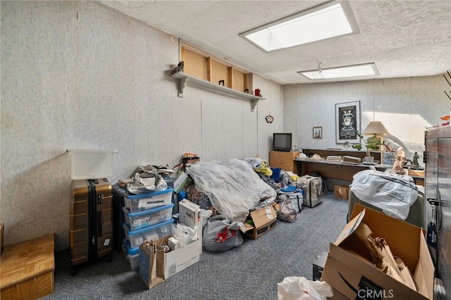 below grade area with carpet flooring and a textured ceiling