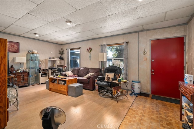 living room with parquet floors