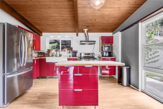 kitchen with a sink, stainless steel appliances, light wood-style floors, and wood ceiling